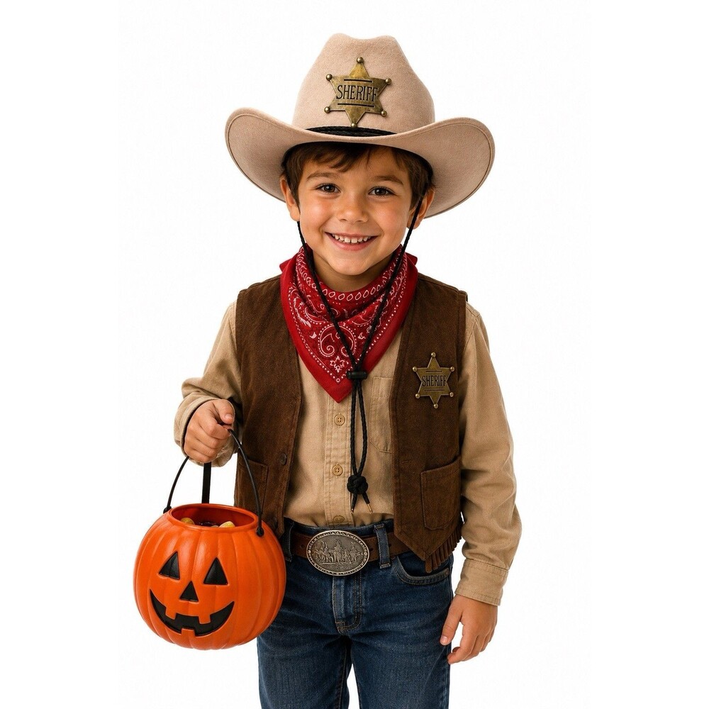 New Small Child Halloween Felt Sheriff Cowboy Hat w Gold Metal Tipped Chin Strap